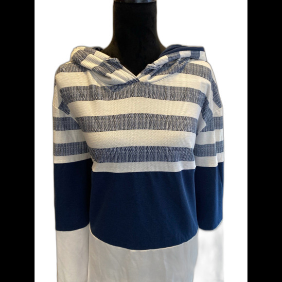 Hooded Sweatshirt Hoodie Womans Color Block Navy White Stripes Plus Size 2XL - Picture 2 of 10
